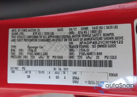 2012 Ford Fiesta Se из США, поврежденный, VIN 3FADP4BJ1CM198122